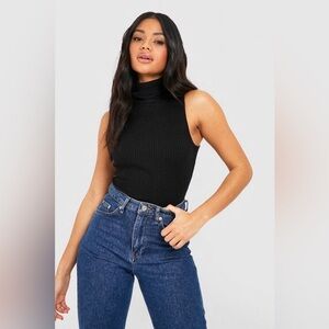 NWOT Missguided Black Ribbed Mock neck Sleeveless Bodysuit sz 8 / 10